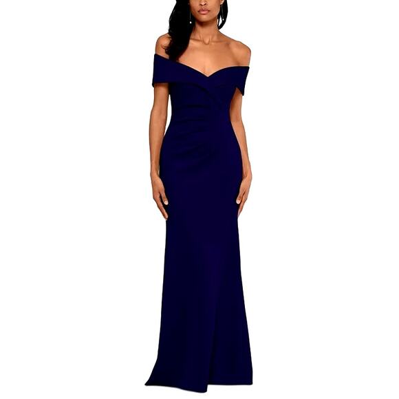 Xscape Women's Off-the-Shoulder Scuba Ruched Gown Navy Blue Size 6 NWT - Picture 2 of 12